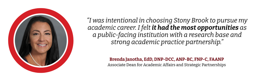 Headshot of Brena Janotha. Text: “I was intentional in choosing Stony Brook to pursue my academic career. I felt it had the most opportunities as a public-facing institution with a research base and strong academic practice partnership.” Brenda Janotha, EdD, DNP-DCC, ANP-BC, FNP-C, FAANP  Associate Dean for Academic Affairs and Strategic Partnerships